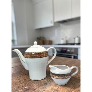 Elegant W-Regal Porcelain Teapot & Creamer Set With Red & Gold Greek Key Design